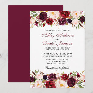 Elegant Watercolor Burgundy Blommigt Bröllop Inbjudningar