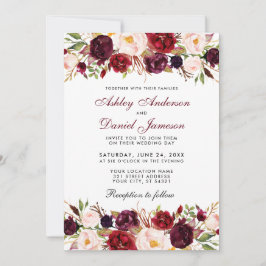 Elegant Watercolor Burgundy Blommigt Photo Bröllop Inbjudningar