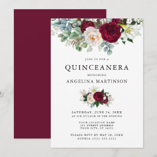 Elegant Watercolor Burgundy Blommigt Quinceanera Inbjudningar