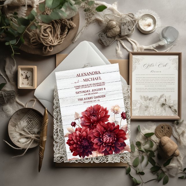 Elegant Watercolor Burgundy Dahlia Bröllop Inbjudningar (Skapare uppladdad)