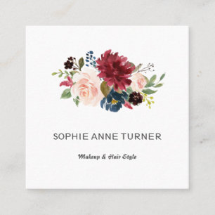 Elegant Watercolor Burgundy Flowers Makeup Artist Fyrkantigt Visitkort
