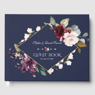 Elegant Watercolor Burgundy Flowers Navy Bröllop Gästböcker