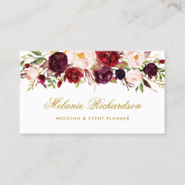 Elegant Watercolor Burgundy Marsala Blommigt Guld Visitkort