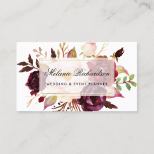 Elegant Watercolor Burgundy Marsala Blommigt Guld Visitkort