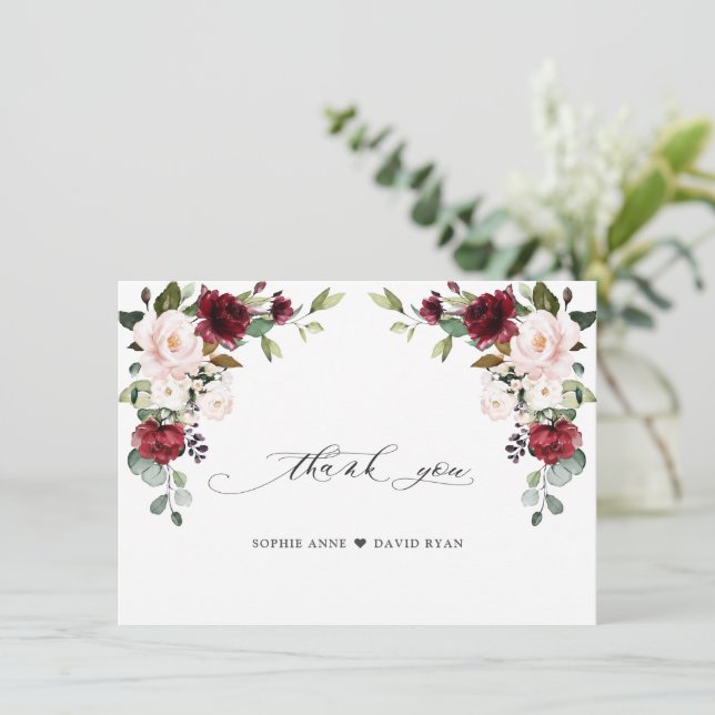 Elegant Watercolor Burgundy Rosa Flowers Bröllop Tack Kort (Stående Fram)