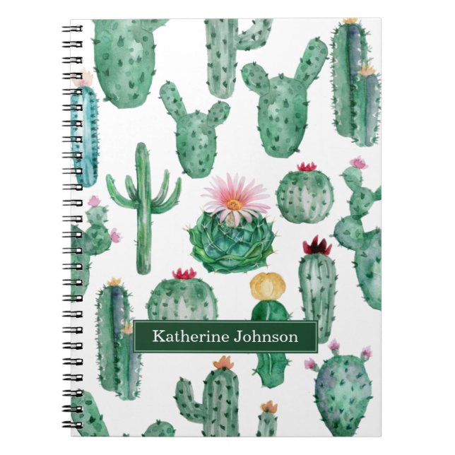 Elegant Watercolor Cactus Flower Plants Mönster Anteckningsbok (Framsidan)