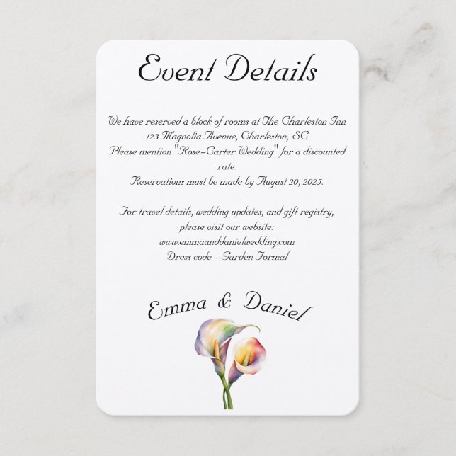 Elegant Watercolor Calla Lilies Romantic Blommigt Tilläggskort (Framsida)