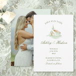 Elegant Watercolor Chapel Photo Save the Date Spara Datumet<br><div class="desc">Elegant Watercolor Chapel Wedding Save the Date card. This sophistcated Save the Date features a delicate, hand-painted watercolor illustration of a traditional white chapel. Lovely green script text for the names of the couple, paired with elegant serif font for the detials. Upload your favorite engagment photo on the back of...</div>