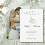 Elegant Watercolor Chapel Photo Save the Date Spara Datumet<br><div class="desc">Elegant Watercolor Chapel Wedding Save the Date card. This sophistcated Save the Date features a delicate, hand-painted watercolor illustration of a traditional white chapel. Lovely green script text for the names of the couple, paired with elegant serif font for the detials. Upload your favorite engagment photo on the back of...</div>
