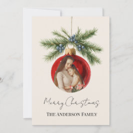 Elegant Watercolor Christmas Ornament Family Photo Julkort