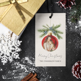 Elegant Watercolor Christmas Ornament Family Photo Presentetikett