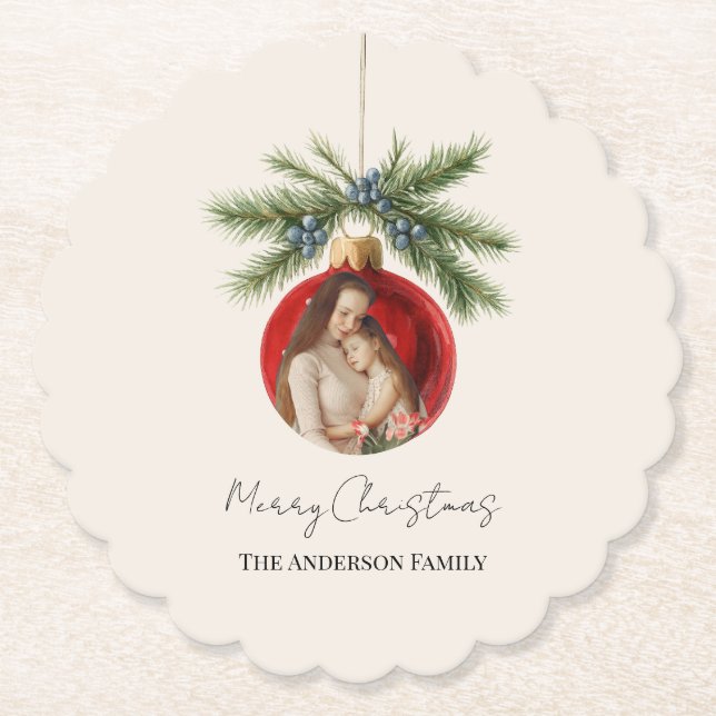 Elegant Watercolor Christmas Ornament Family Photo Underlägg Papper (Framsida)