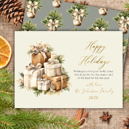 Elegant Watercolor Christmas Presents Gold Script  Julkort