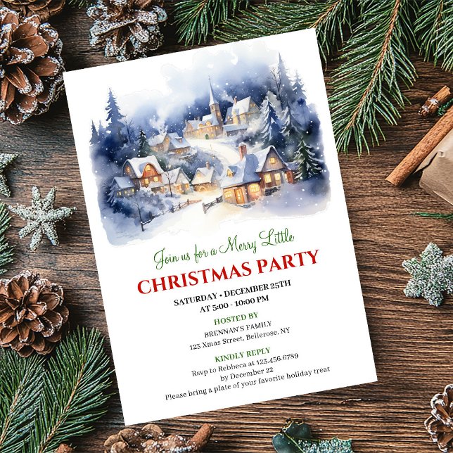 Elegant watercolor Christmas scene holiday party  Inbjudningar (Elegant watercolor Christmas scene holiday party card)