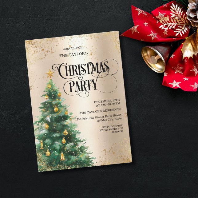Elegant Watercolor Christmas Tree Inbjudningar (Elegant watercolor Christmas tree invitation featuring a hand-painted tree with gold background)