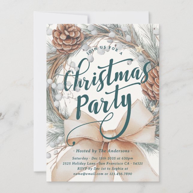 Elegant Watercolor Christmas Wreath Party Inbjudningar (Framsida)