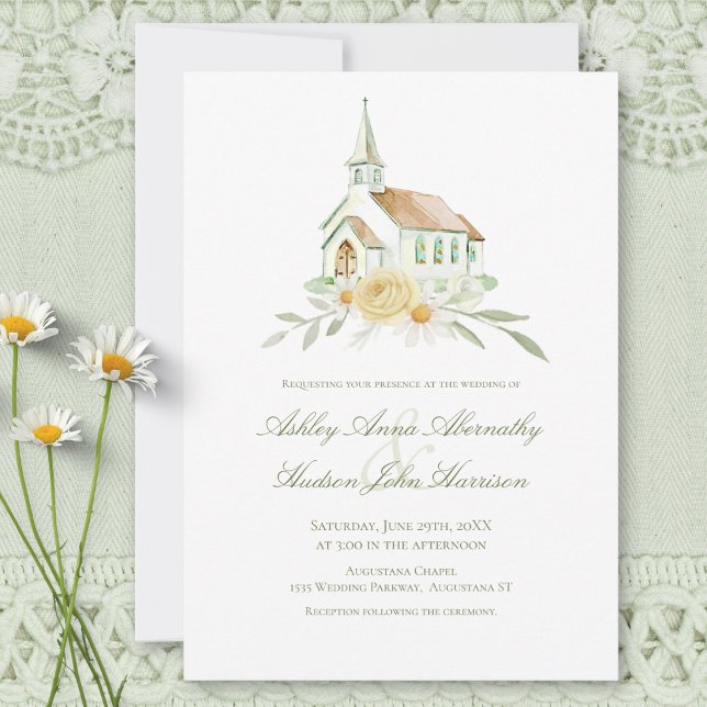 Elegant Watercolor Church Floral Wedding Inbjudningar (Skapare uppladdad)