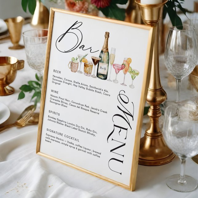 Elegant Watercolor Cocktails Bröllop Pub Menu Poster (Elegant Watercolor Cocktails Wedding Bar Menu Poster)