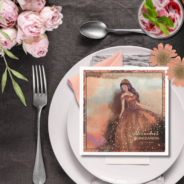 Elegant Watercolor Copper Ro Quinceañera Napkin Pappersservett (Elegant Watercolor Copper Rose Quinceañera Napkin)