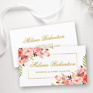 Elegant Watercolor Coral Blommigt och Guld Ram Visitkort