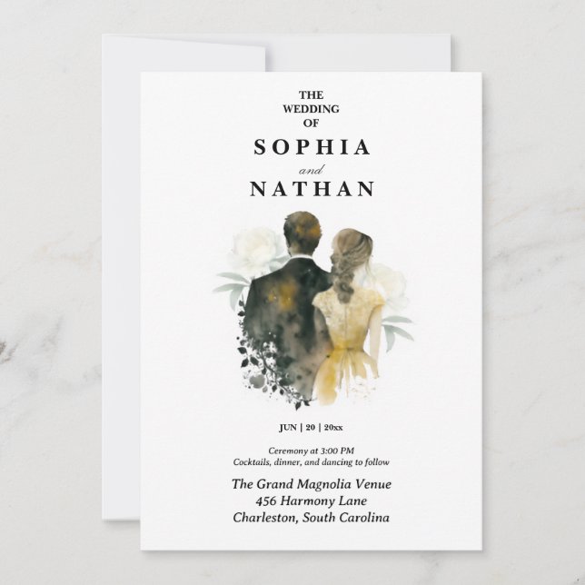 Elegant Watercolor Couple Bride Groom Wedding  Inbjudningar (Framsida)