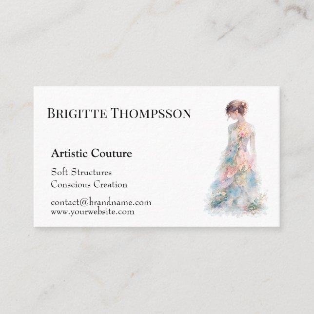 Elegant Watercolor Couture Bröllopsmodedesigner Visitkort (Framsida)