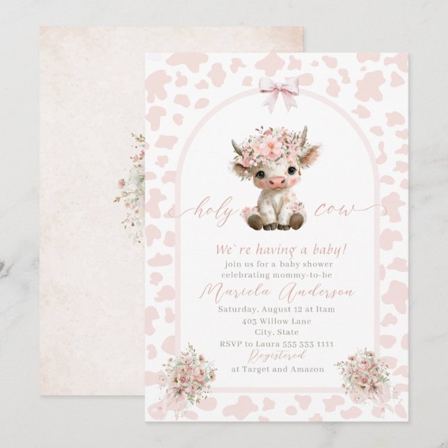 Elegant Watercolor Cow Holy Highland  Baby Shower Inbjudningar (Fram/baksida)