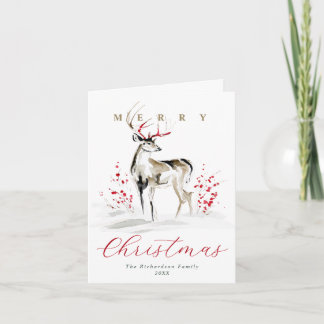 Elegant Watercolor Deer & Red Berries Christmas Helgkort