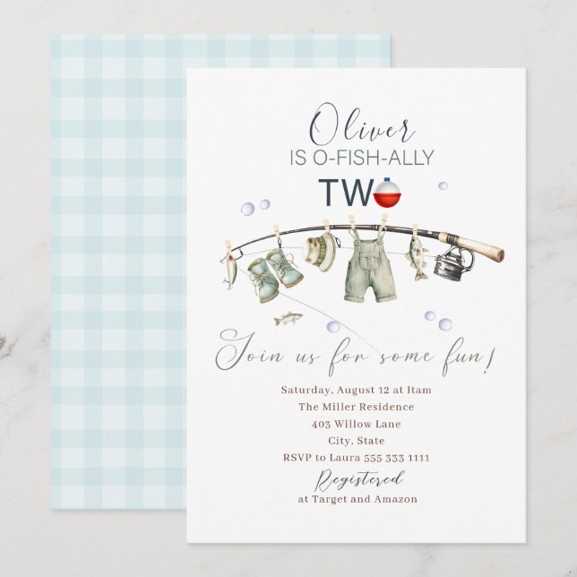 Elegant Watercolor En liten fiskare 2:a födelseda Inbjudningar (Fram/baksida)