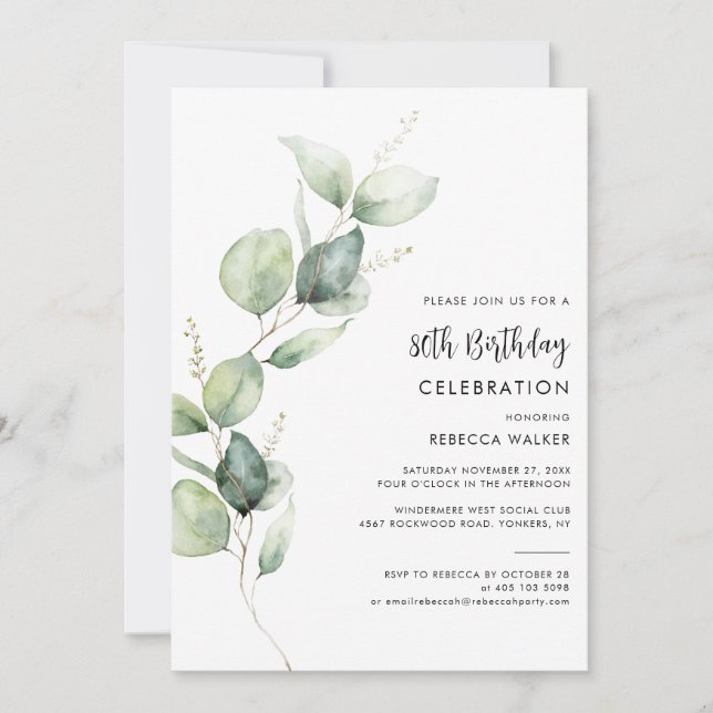 Elegant Watercolor Eucalyptus 80th Birthday Party Inbjudningar (Framsida)