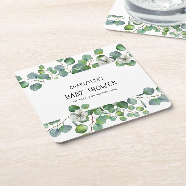 Elegant Watercolor Eucalyptus Baby Shower Underlägg Papper Kvadrat (Vinklad)