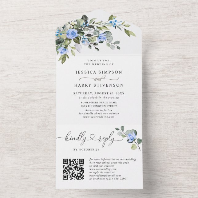 Elegant Watercolor Eucalyptus Blue Ro Bröllop (Insida)