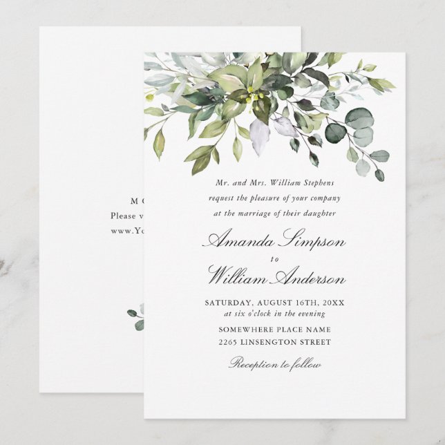 Elegant Watercolor Eucalyptus Bohemian Bröllop Inbjudningar (Fram/baksida)