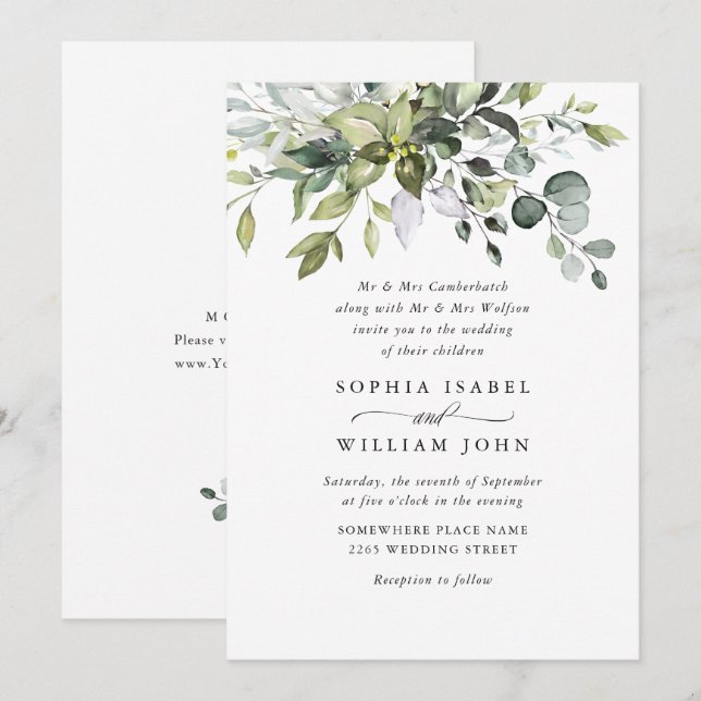 Elegant Watercolor Eucalyptus Bohemian Bröllop Inbjudningar (Fram/baksida)