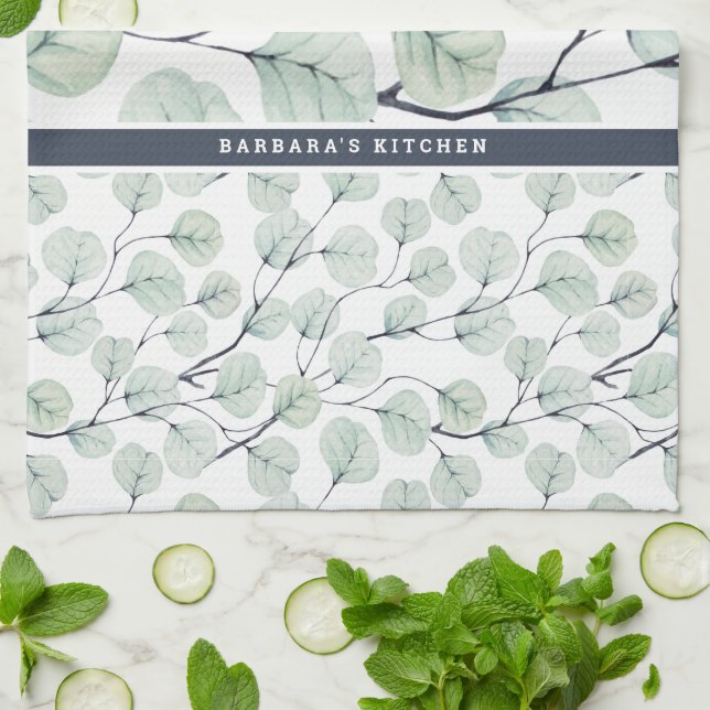 Elegant Watercolor Eucalyptus Botanical Monogram Kökshandduk (Vikta)