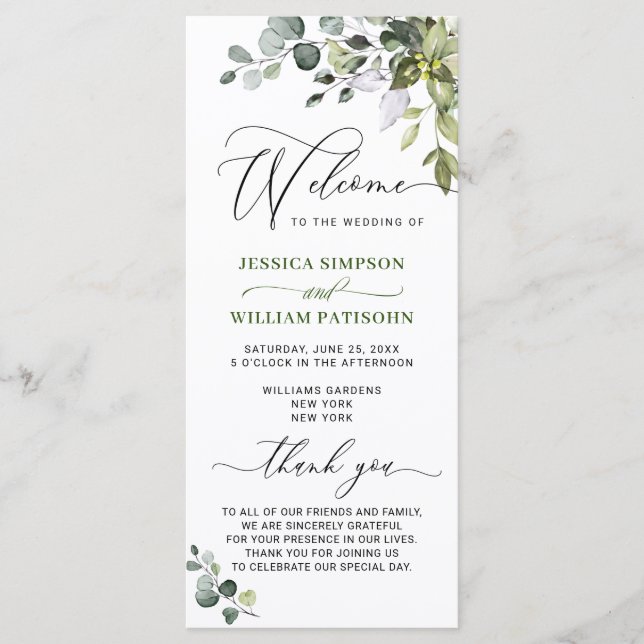 Elegant Watercolor Eucalyptus Bröllop Ceremony Pro Program (Framsida)