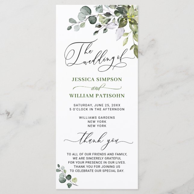 Elegant Watercolor Eucalyptus Bröllop Ceremony Program (Framsida)