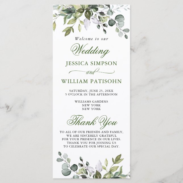 Elegant Watercolor Eucalyptus Bröllop Ceremony Program (Framsida)