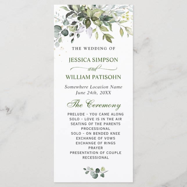 Elegant Watercolor Eucalyptus Bröllop Ceremony Program (Framsida)