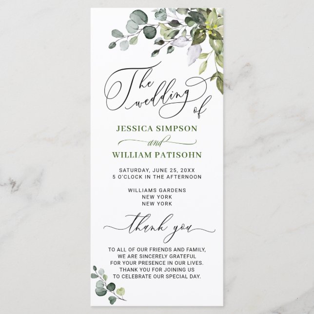 Elegant Watercolor Eucalyptus Bröllop Ceremony Program (Framsida)