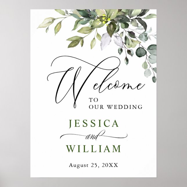 Elegant Watercolor Eucalyptus Bröllop Welcome Poster (Framsidan)