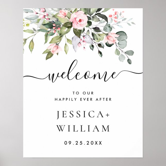 Elegant Watercolor Eucalyptus Bröllop Welcome Poster (Framsidan)