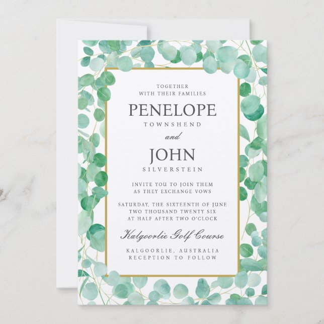 Elegant Watercolor Eucalyptus Destination Wedding Inbjudningar (Framsida)