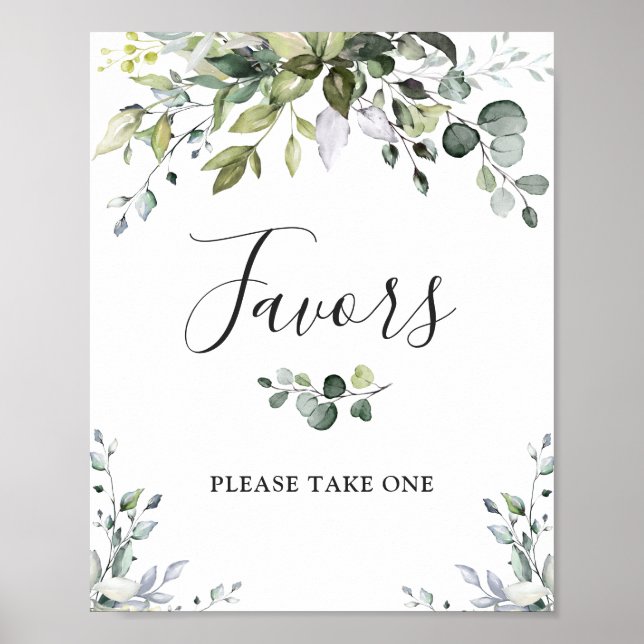 Elegant Watercolor Eucalyptus Favors Bröllop Sign Poster (Framsidan)