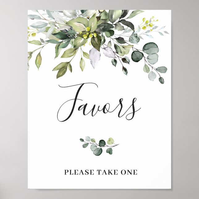 Elegant Watercolor Eucalyptus Favors Bröllop Sign Poster (Framsidan)
