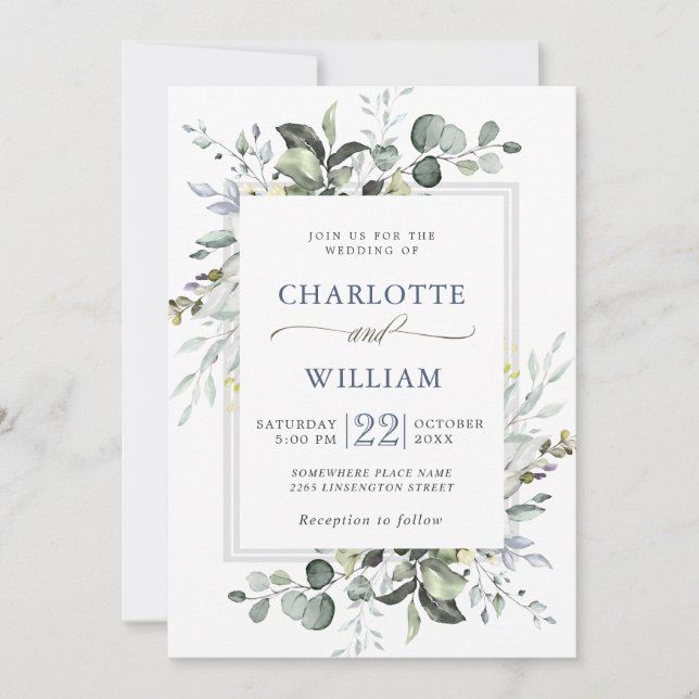 Elegant Watercolor Eucalyptus Greenery Bröllop Inbjudningar (Framsida)