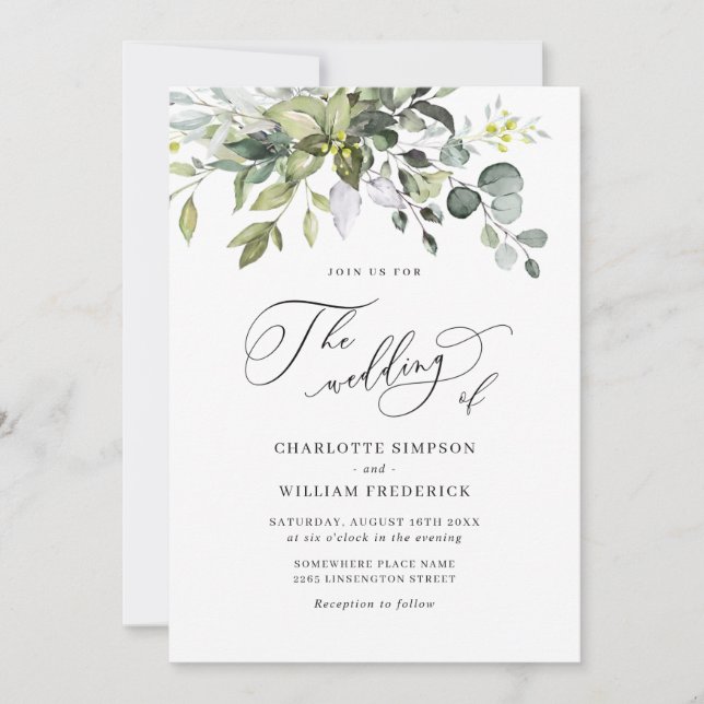 Elegant Watercolor Eucalyptus Greenery Bröllop Inbjudningar (Framsida)
