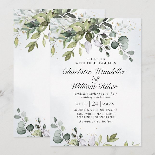 Elegant Watercolor Eucalyptus Greenery Bröllop Inbjudningar (Fram/baksida)