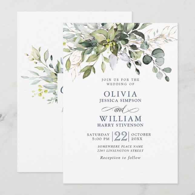 Elegant Watercolor Eucalyptus Greenery Bröllop Inbjudningar (Fram/baksida)