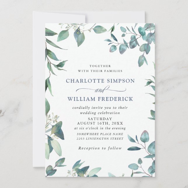 Elegant Watercolor Eucalyptus Greenery Bröllop Inbjudningar (Framsida)